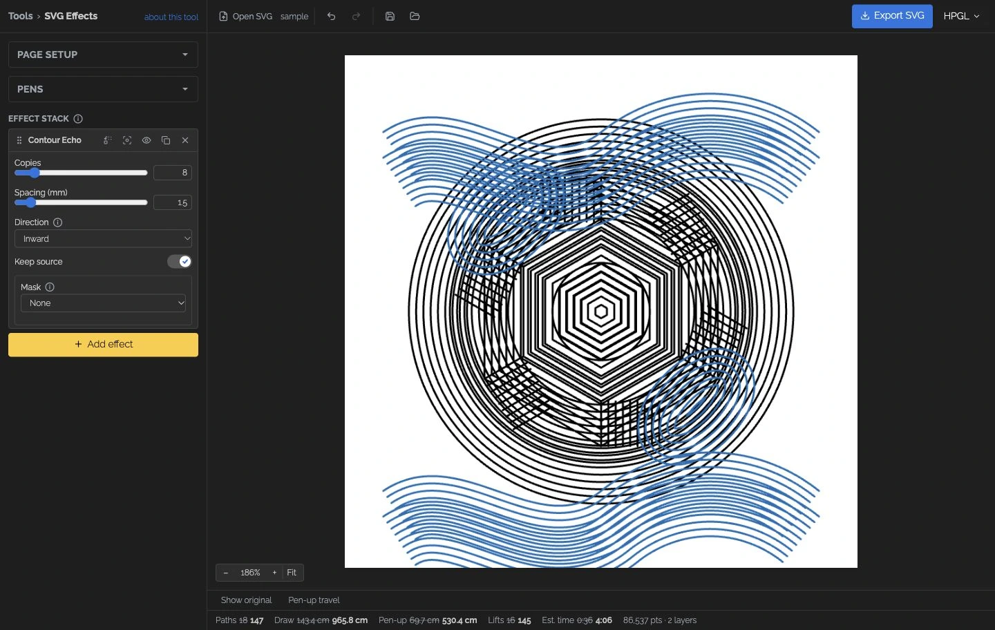 SVG Effects — sample artwork transformed with a live effect stack.