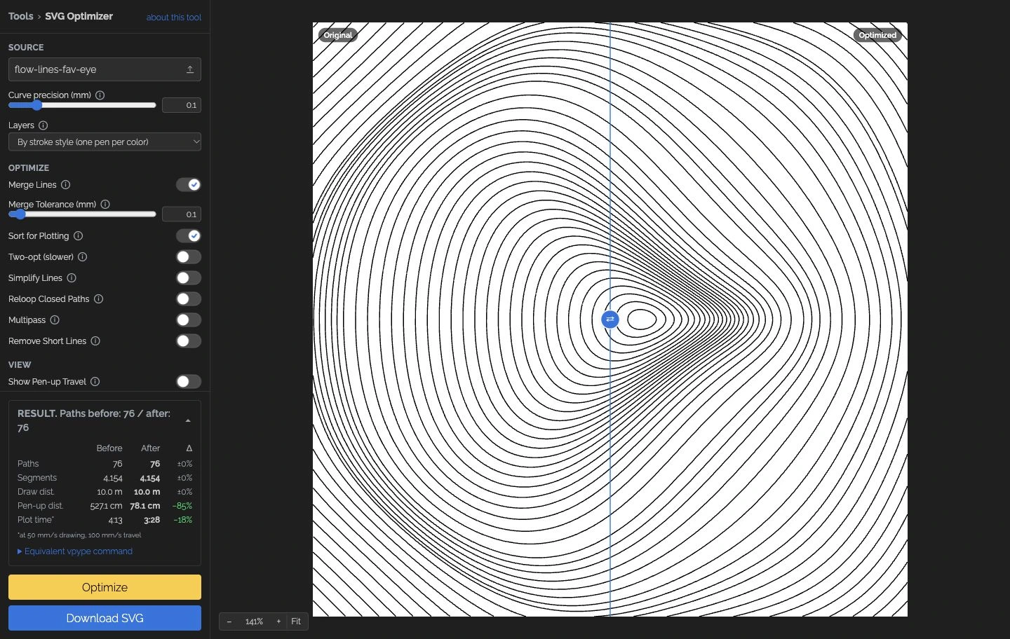 SVG Optimizer — before and after path optimization with plotting statistics.
