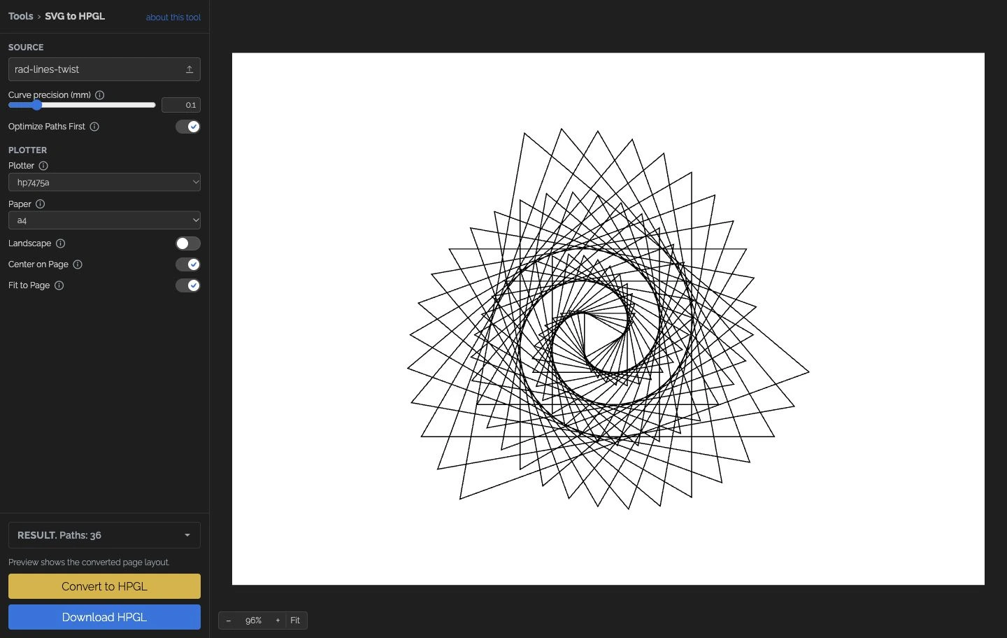 SVG to HPGL — artwork fitted to paper for a vintage pen plotter.
